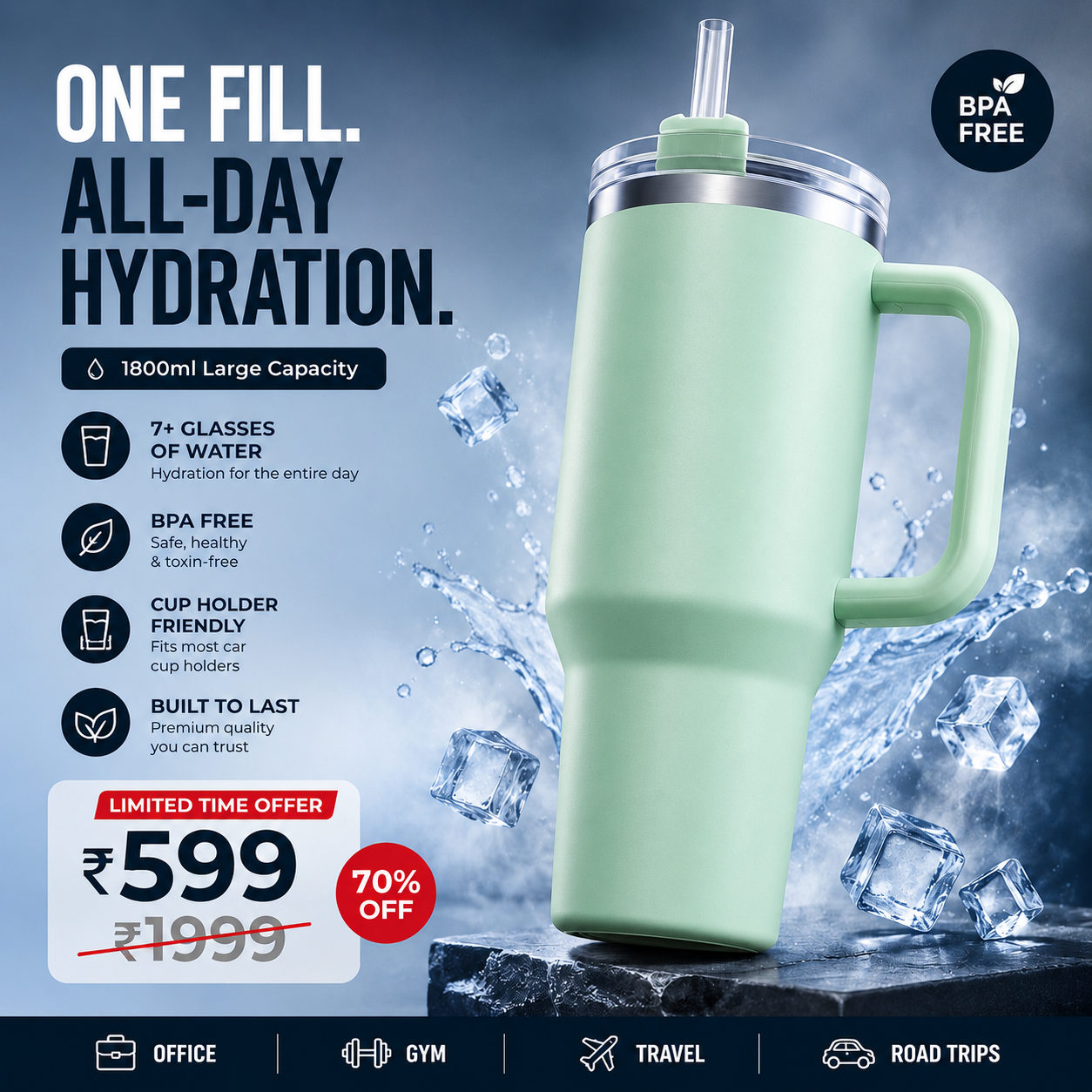 Premium 1800 ml Travel Tumbler with Handle, Straw & Leak-Resistant Flip Lid