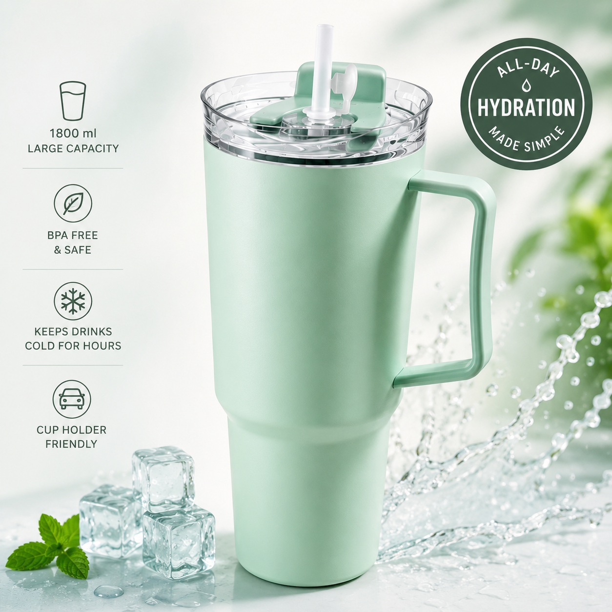 Premium 1800 ml Travel Tumbler with Handle, Straw & Leak-Resistant Flip Lid