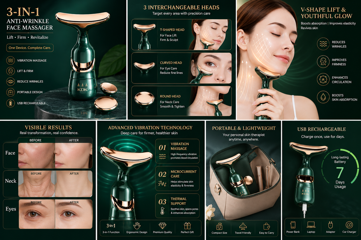 3 in 1 Anti-Wrinkle Face, Neck & Eye Massager – Professional Skin Lifting Device