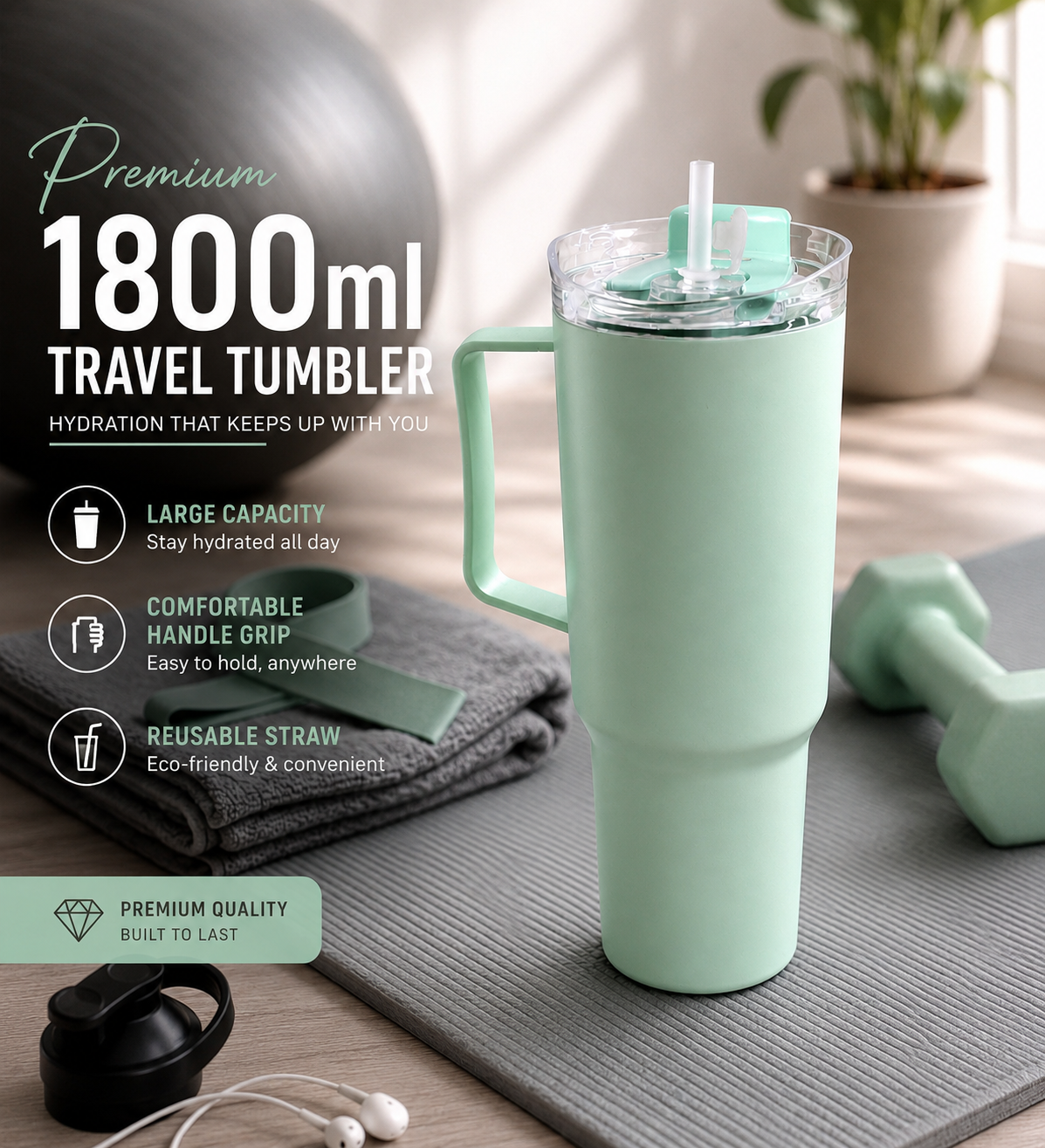 Premium 1800 ml Travel Tumbler with Handle, Straw & Leak-Resistant Flip Lid