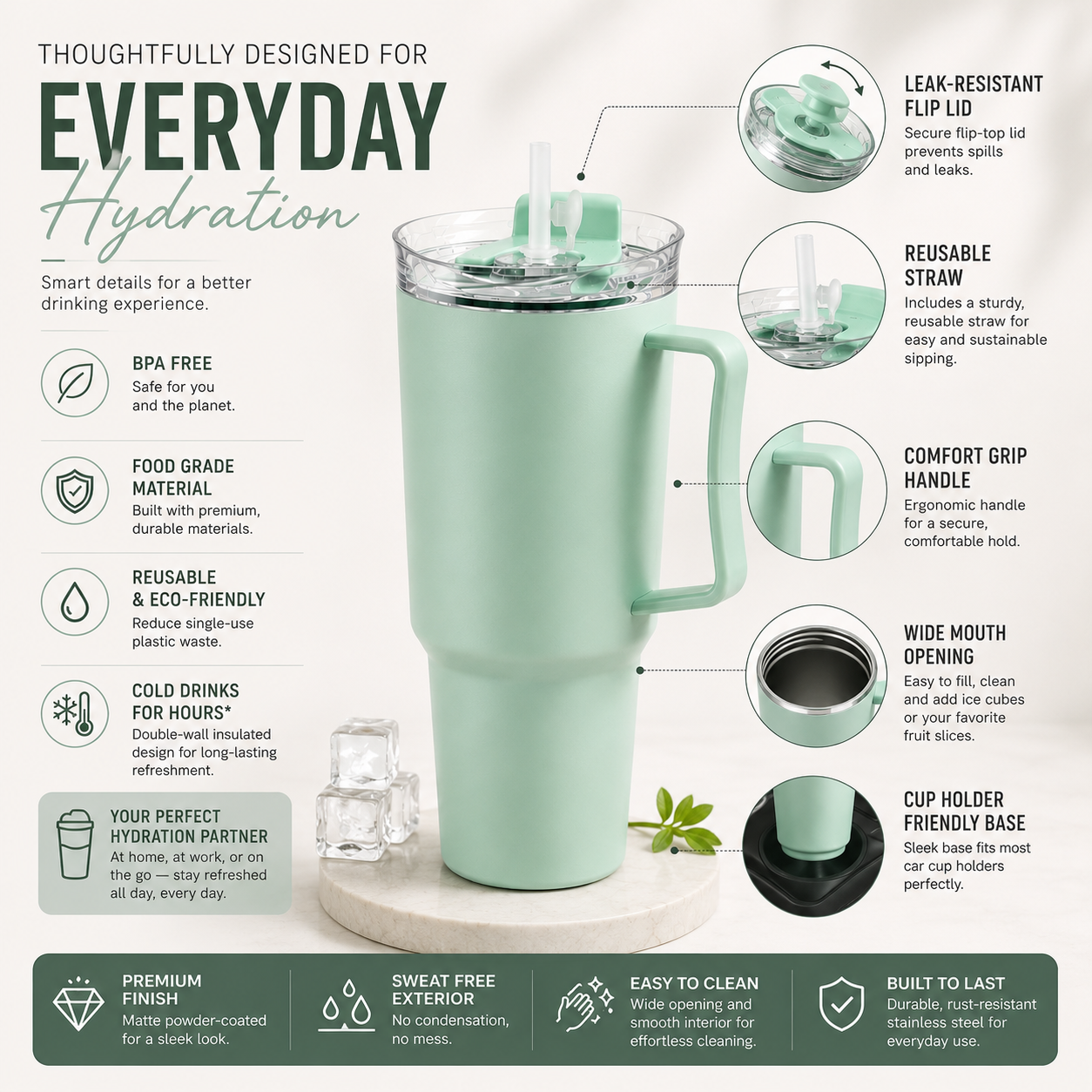 Premium 1800 ml Travel Tumbler with Handle, Straw & Leak-Resistant Flip Lid