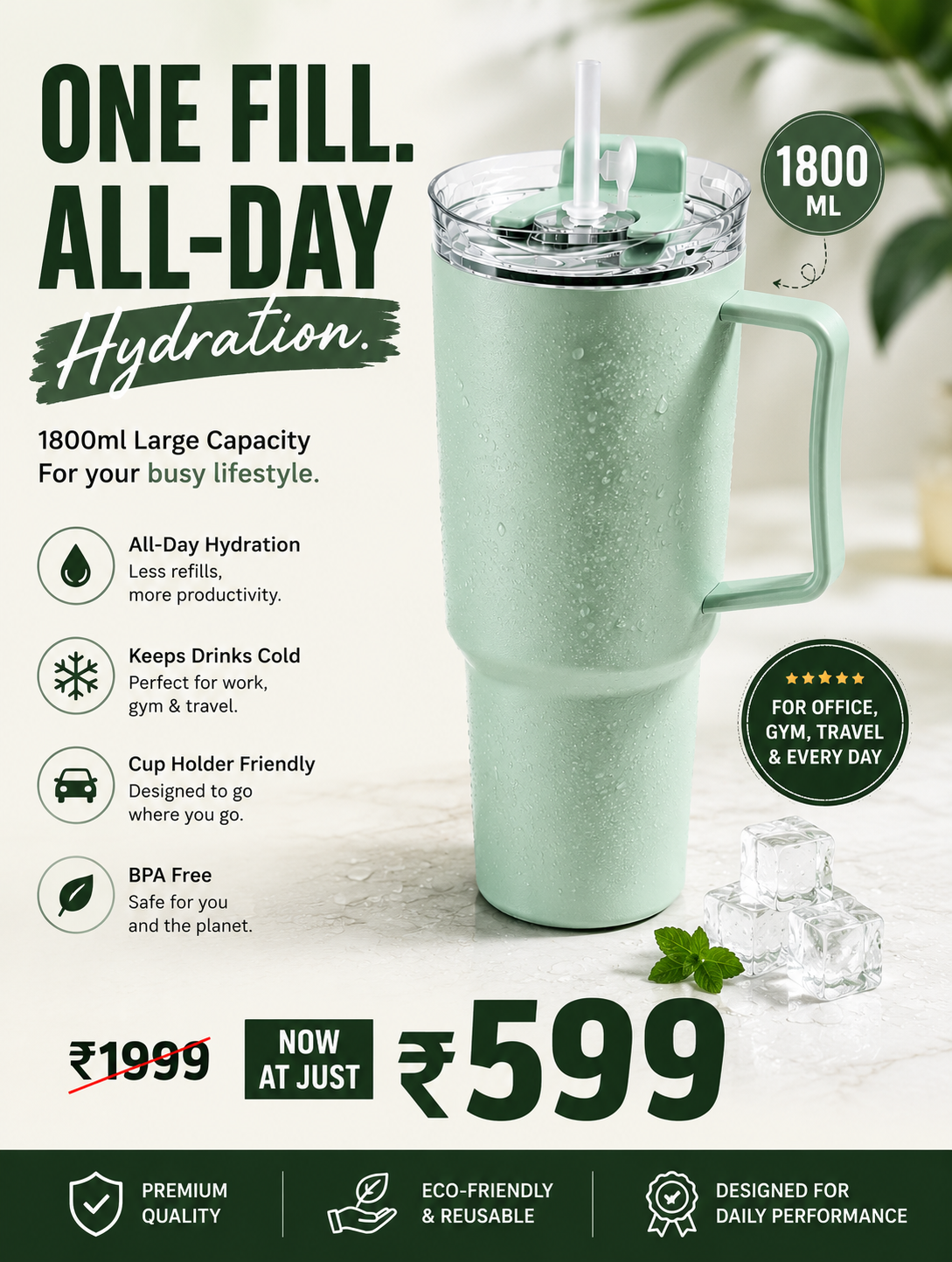 Premium 1800 ml Travel Tumbler with Handle, Straw & Leak-Resistant Flip Lid