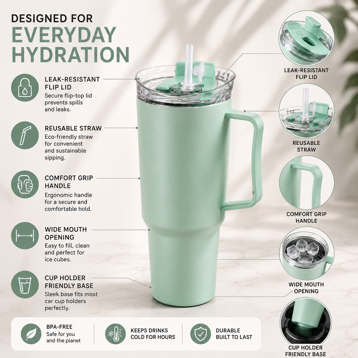 Premium 1800 ml Travel Tumbler with Handle, Straw & Leak-Resistant Flip Lid