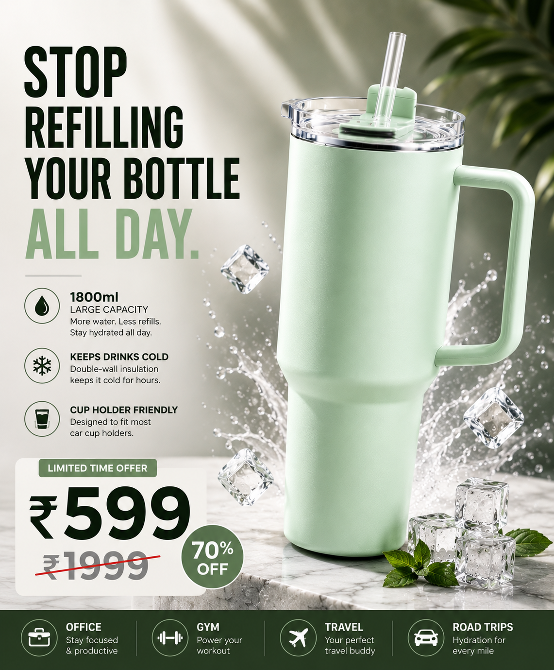 Premium 1800 ml Travel Tumbler with Handle, Straw & Leak-Resistant Flip Lid
