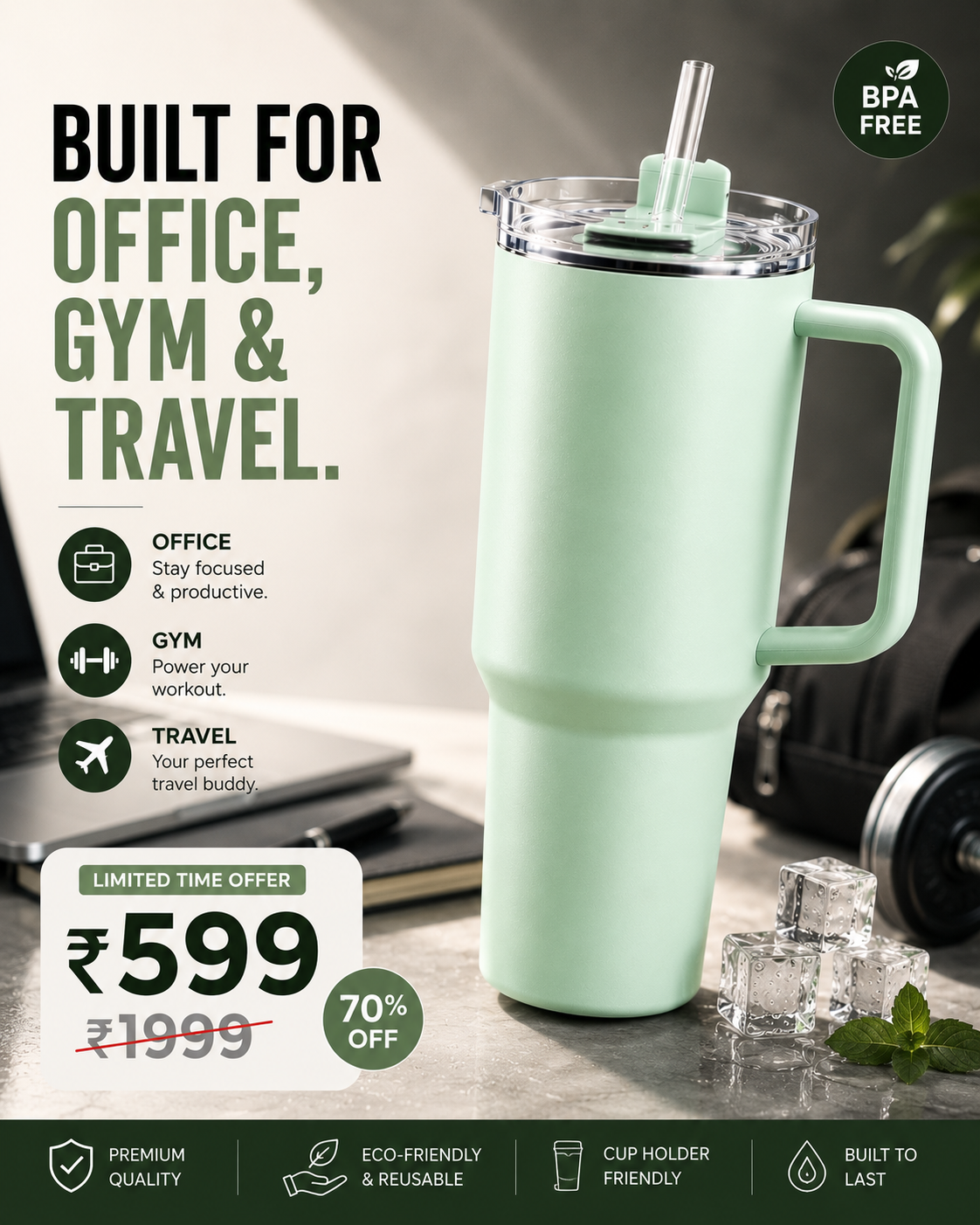 Premium 1800 ml Travel Tumbler with Handle, Straw & Leak-Resistant Flip Lid