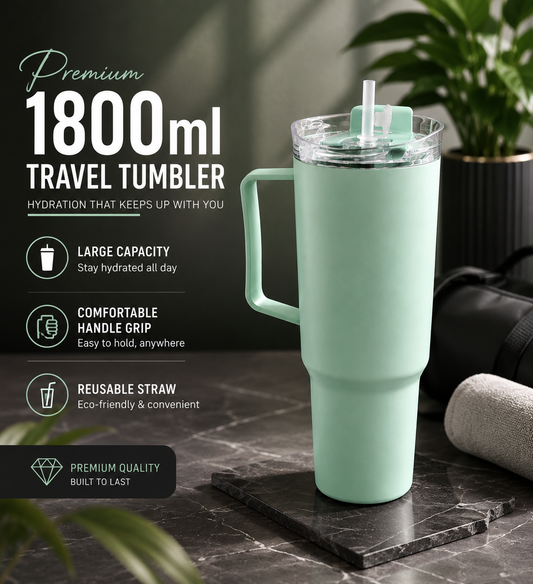 Premium 1800 ml Travel Tumbler with Handle, Straw & Leak-Resistant Flip Lid