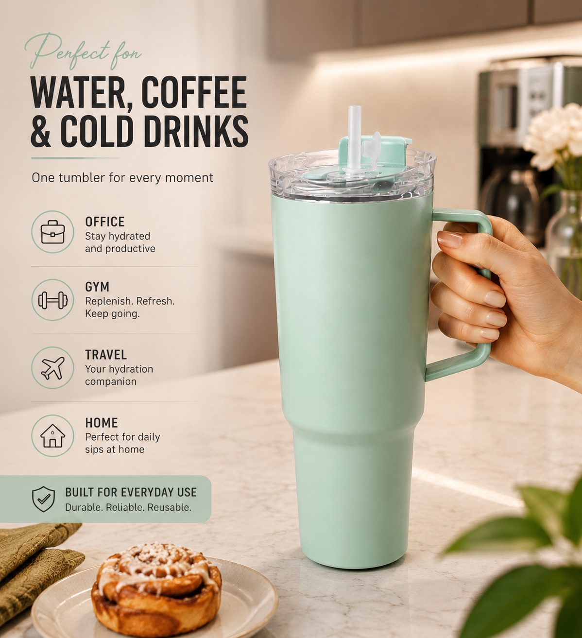 Premium 1800 ml Travel Tumbler with Handle, Straw & Leak-Resistant Flip Lid