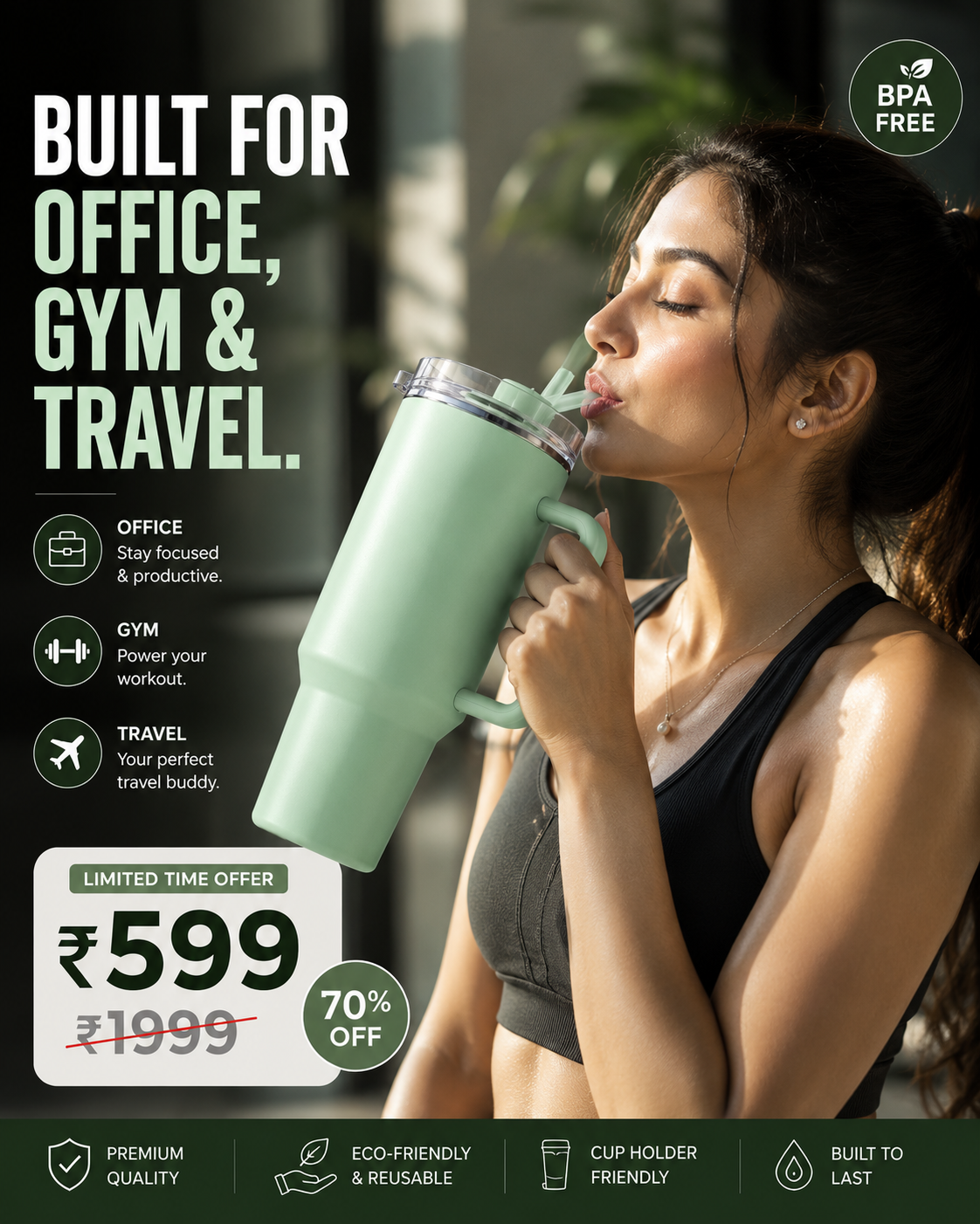 Premium 1800 ml Travel Tumbler with Handle, Straw & Leak-Resistant Flip Lid