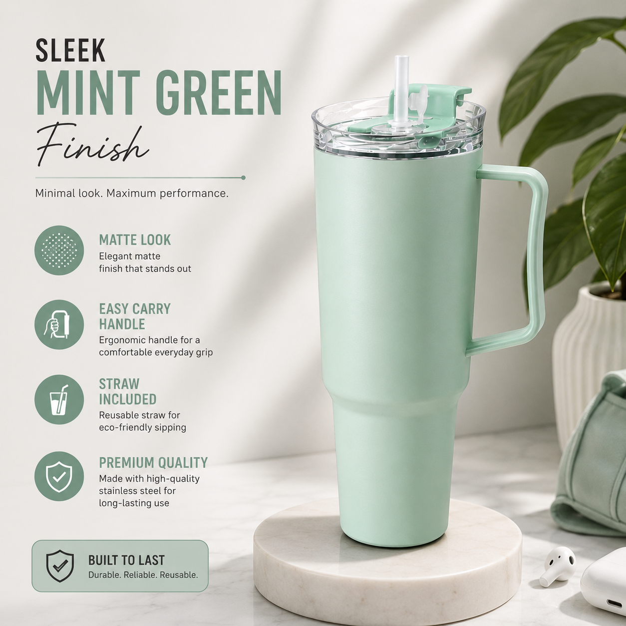 Premium 1800 ml Travel Tumbler with Handle, Straw & Leak-Resistant Flip Lid
